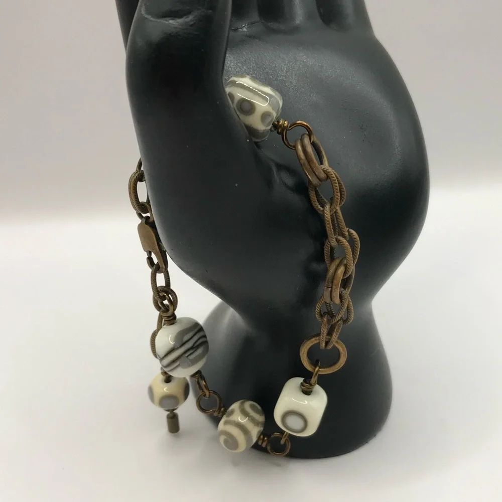 Unique Glass Beaded and Brass/Copper Chain Bracelet - Picture 3 of 6